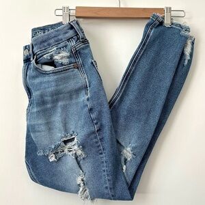 American Eagle Outfitters Medium Wash Distressed Curvy Mom Jeans